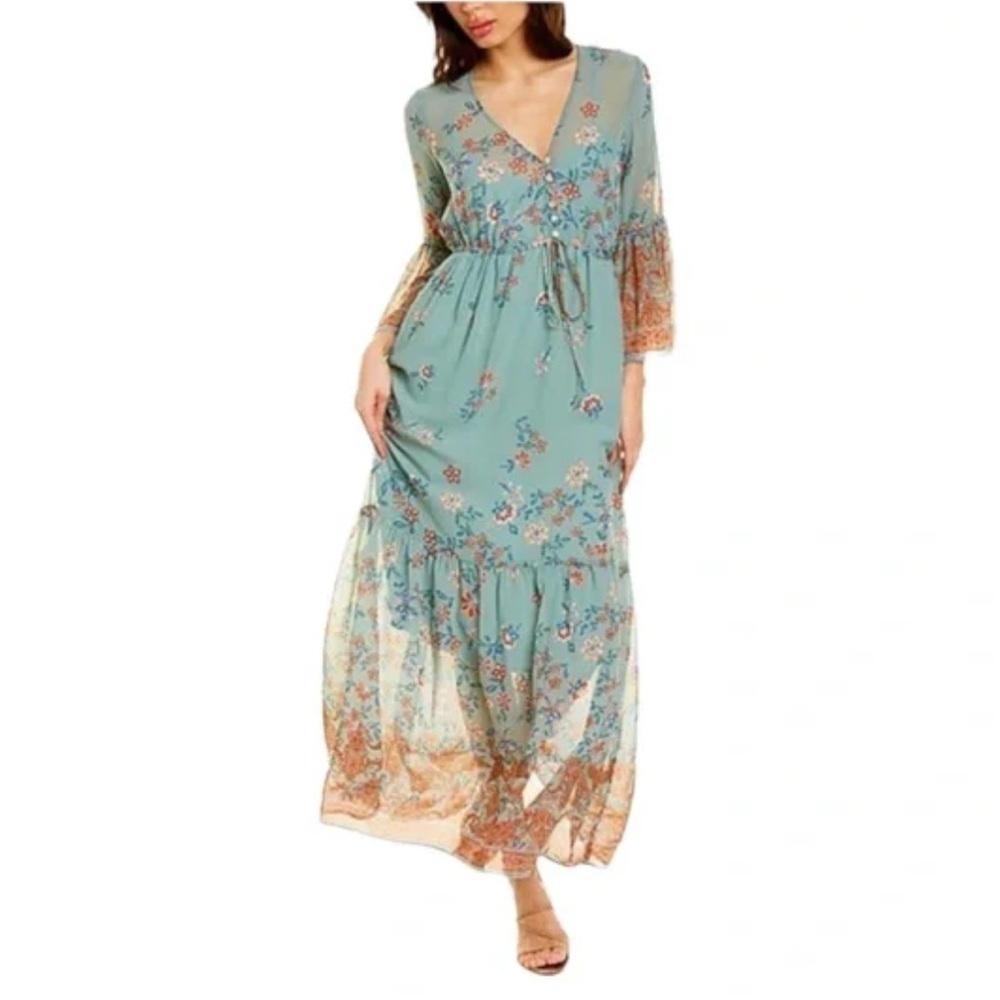 Anthropologie Willow & Clay Blue Floral Boho Paisley Maxi Dress  Bell Sleeves